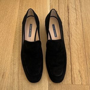 Stewart Weitzman black suede loafers with a clear block heel